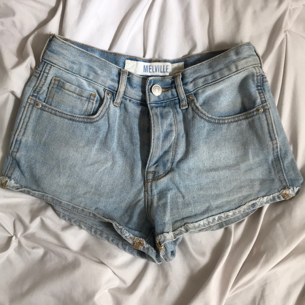 high waisted light wash denim shorts
